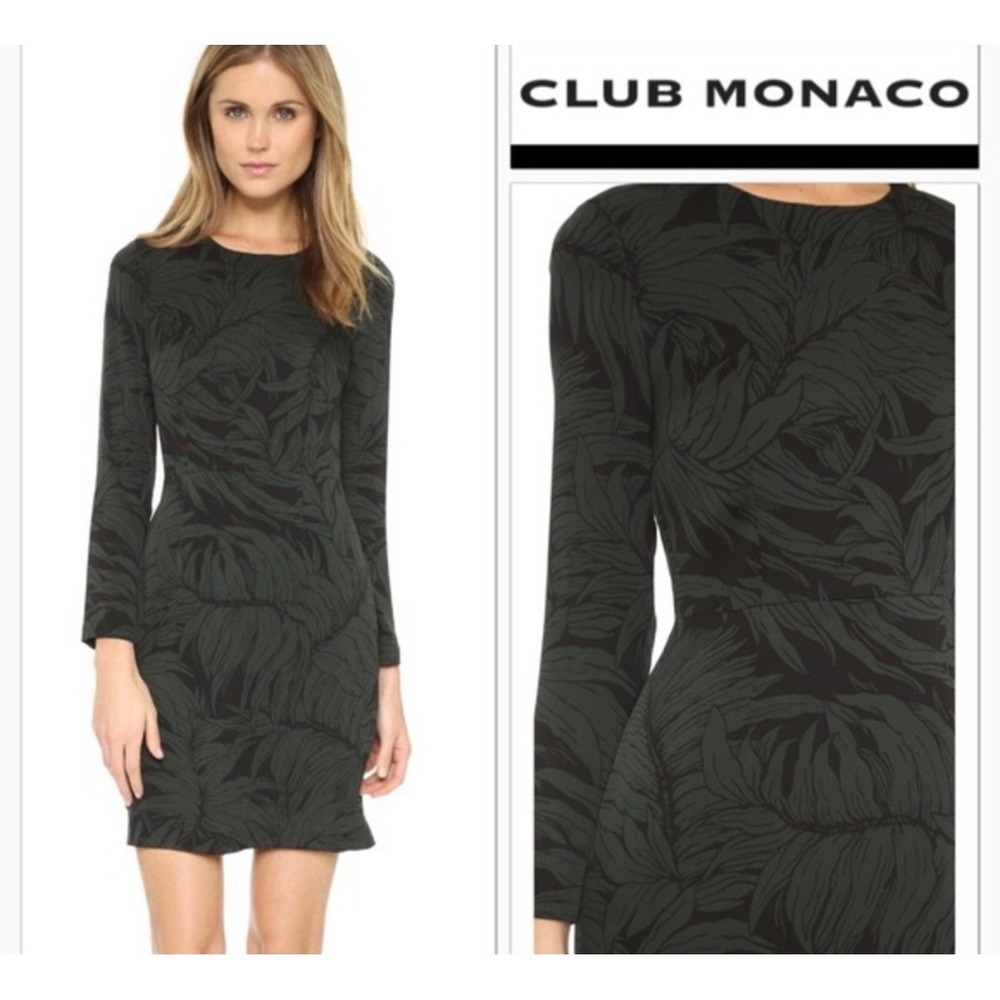 Club Monaco Silk Blend Dress 8 Green Palm Leaf Long Sleeve Sheath Mini